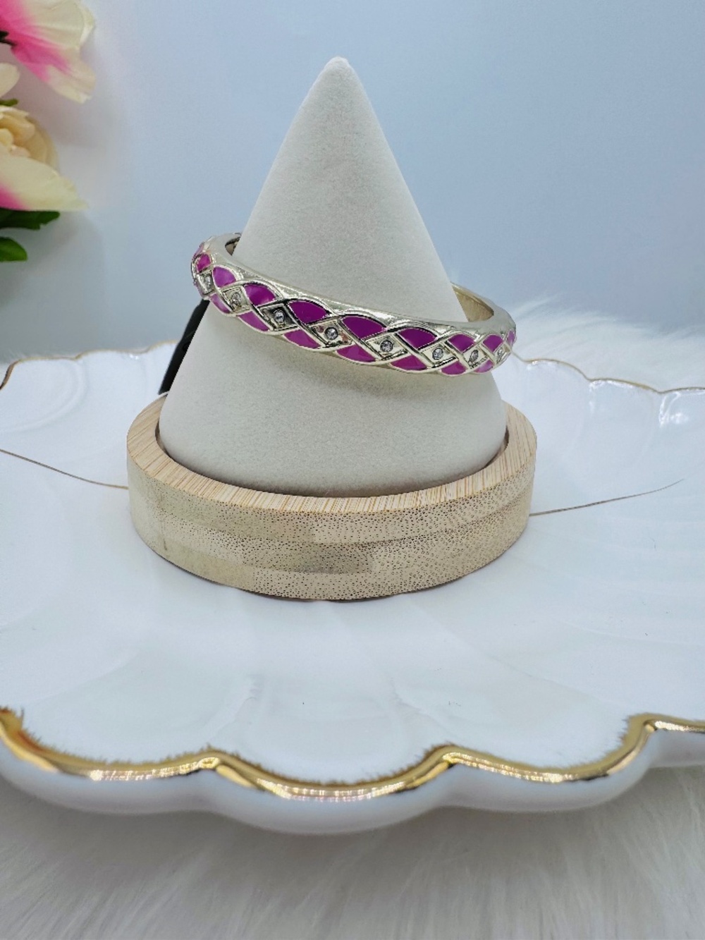 Sequin Pink Enamel Gold Tone Hinged Bangle Bracelet w/ Rhinestone